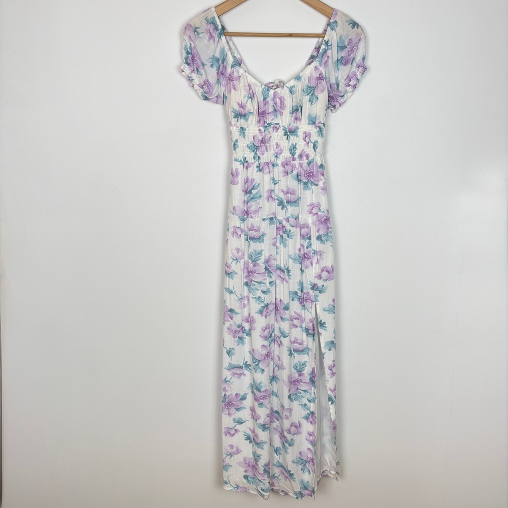 Hollister Women Milkmaid Floral Puff Sleeve Smocked Slit Maxi Dress Size XS Boho